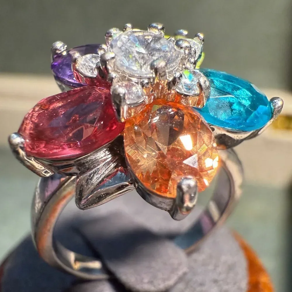 Colorful Flower Cocktail Ring with Multicolor Gemstones – Size 9.5